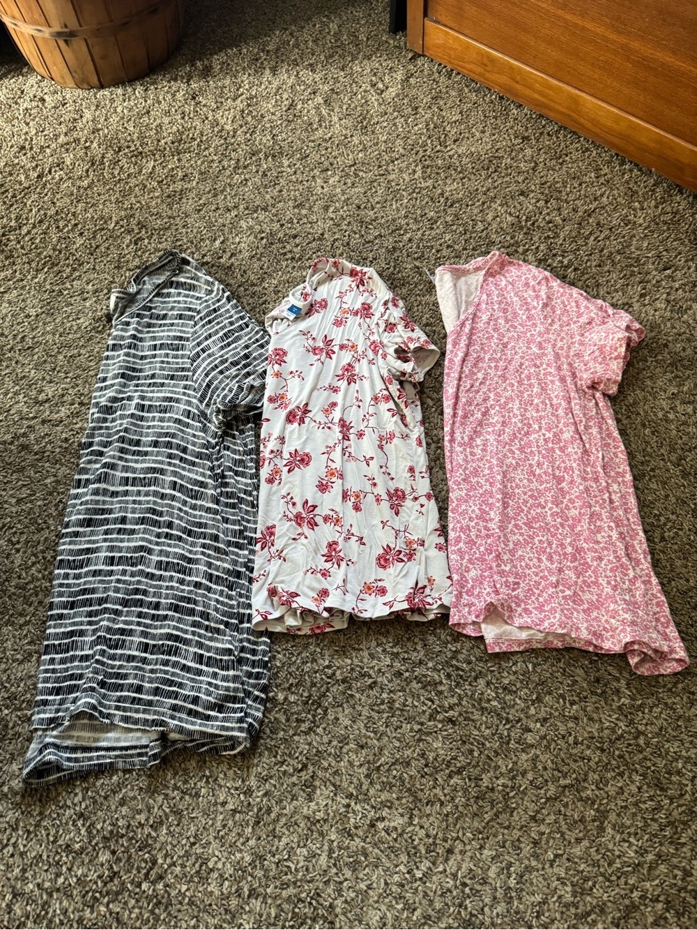 Three Casual Short-Sleeve Dresses - Pink Floral, White Red Floral, Black Striped